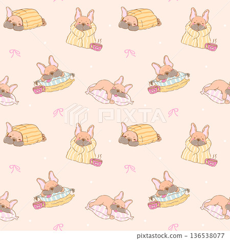 Cozy French Bulldog sleeping seamless pattern whimsical hand drawn doodle, playful Frenchie dog with blanket 136538077