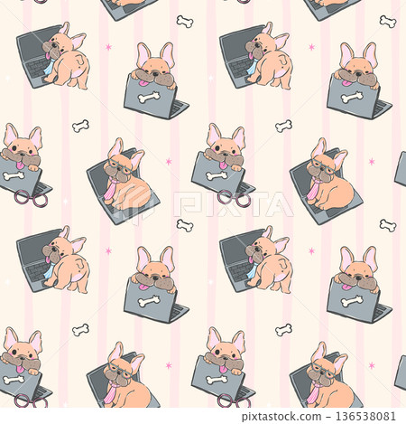 Funny frenchie burnt out office working seamless pattern sarcastic hand drawn derp dog laptop print Funny frenchie burnt out office working seamless pattern sarcastic hand drawn derp dog laptop print 136538081