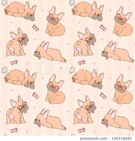 Grumpy Fawn French Bulldog seamless pattern whimsical hand drawn doodle, playful Frenchie 136538085