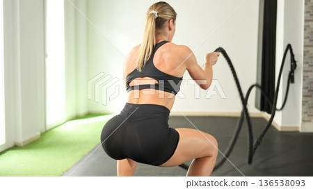Woman training battle ropes performing squats in gym Woman training battle ropes performing squats in gym 136538093