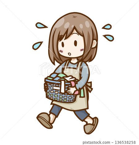 Illustration of a busy housewife panicking with a pile of laundry (housework, single-person operation) Illustration of a busy housewife panicking with a pile of laundry (housework, single-person operation) 136538258