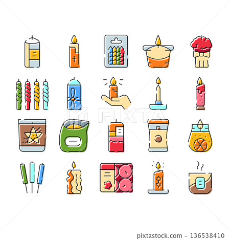 Candles and lighting tools collection with flames Candles and lighting tools collection with flames 136538410