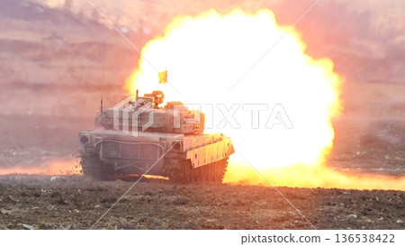 Tank firing flames Tank firing flames 136538422