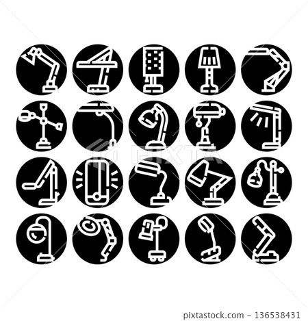 Collection of desk lamps outlining various shapes and designs 136538431