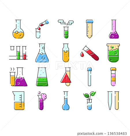 Chemistry lab science and research glassware icons Chemistry lab science and research glassware icons 136538483