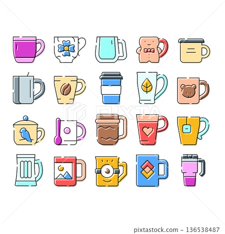 Beverage cups and mugs collection flat outline icons Beverage cups and mugs collection flat outline icons 136538487