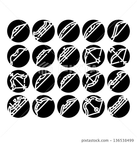 Archery bows weapon equipment silhouette icons set 136538499