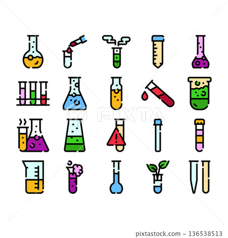 Chemistry laboratory research experiment glassware icons 136538513