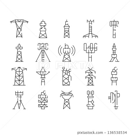 Communication and broadcasting antenna towers line art 136538534
