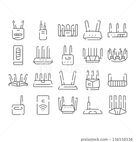 Wireless router and modem collection showcasing internet network hardware technology 136538536