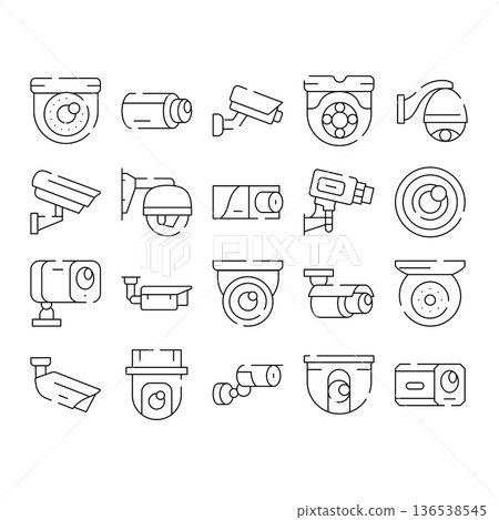 Security video surveillance cameras monitoring system line icons set Security video surveillance cameras monitoring system line icons set 136538545