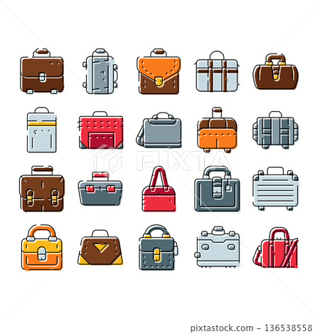 Collection of travel luggage bags and business briefcases line icons 136538558