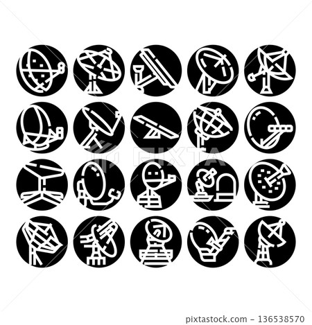 Satellite dish telecommunication transmitting and receiving signal icon set Satellite dish telecommunication transmitting and receiving signal icon set 136538570
