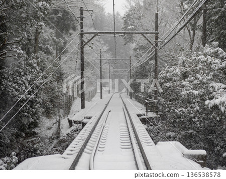 積雪覆蓋的單軌鐵路和鐵橋 積雪覆蓋的單軌鐵路和鐵橋 136538578
