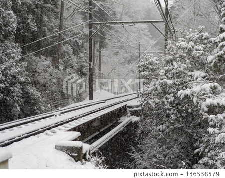 積雪覆蓋的單軌鐵路和鐵橋 136538579