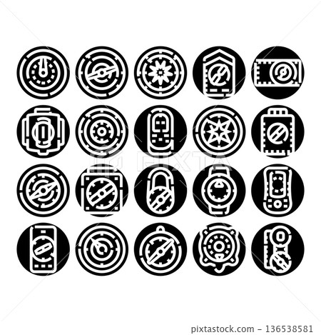 Navigational compass icons showing direction and orientation tools Navigational compass icons showing direction and orientation tools 136538581