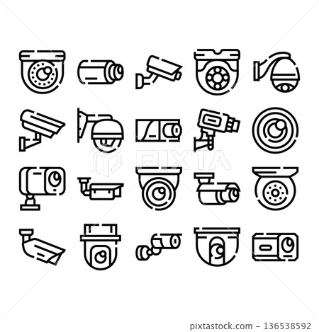 Security camera system icons for surveillance observation and protection Security camera system icons for surveillance observation and protection 136538592