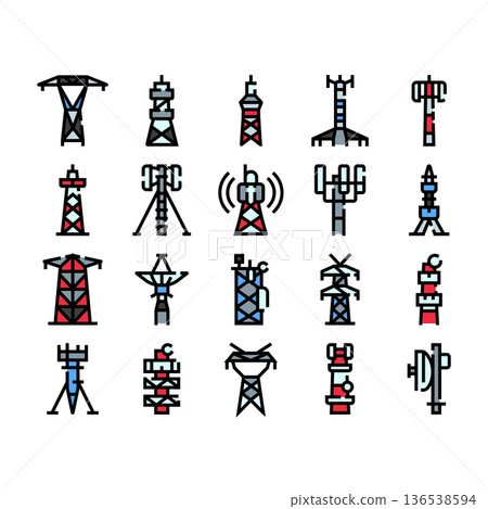 Communication towers transmitting signals for wireless technology icons Communication towers transmitting signals for wireless technology icons 136538594