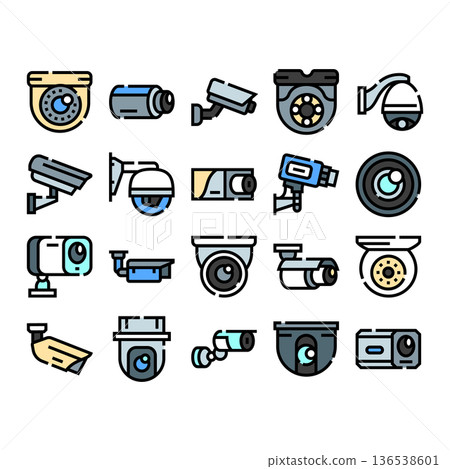 Security cameras icons set illustrating surveillance and safety concepts Security cameras icons set illustrating surveillance and safety concepts 136538601