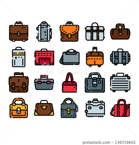Diverse travel luggage and business briefcases line icons Diverse travel luggage and business briefcases line icons 136538602