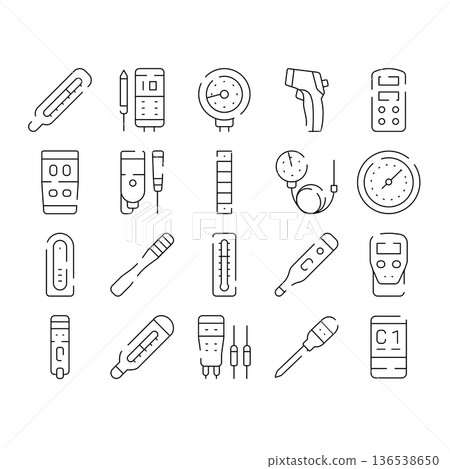 Measuring temperature and climate with various thermometers icons 136538650