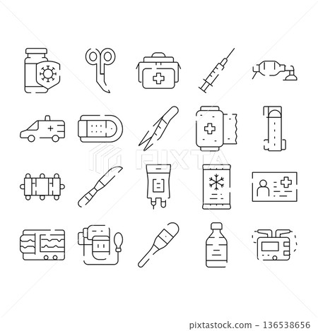 Medical first aid and emergency equipment line icons Medical first aid and emergency equipment line icons 136538656