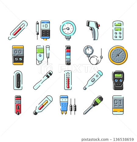 Measuring tools and different devices icons collection 136538659