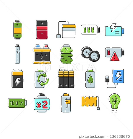 Battery power charging icon set delivering energy Battery power charging icon set delivering energy 136538670