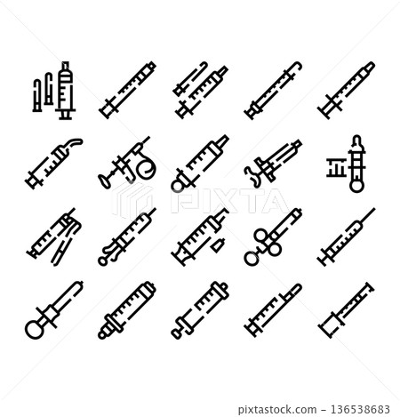 Syringe and injection line icons set representing medical innovation 136538683
