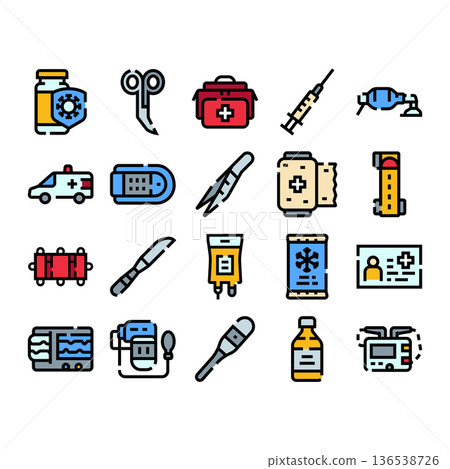 Emergency medical services first aid healthcare equipment icons Emergency medical services first aid healthcare equipment icons 136538726