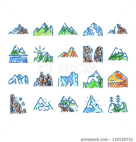 Mountain range icons creating doodle style nature landscape Mountain range icons creating doodle style nature landscape 136538732