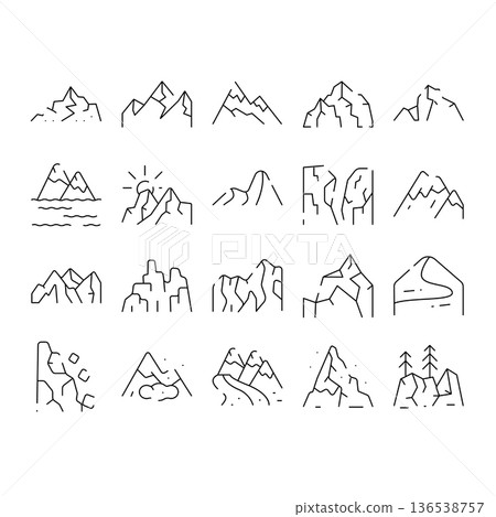 Mountain range and peak line icons set 136538757