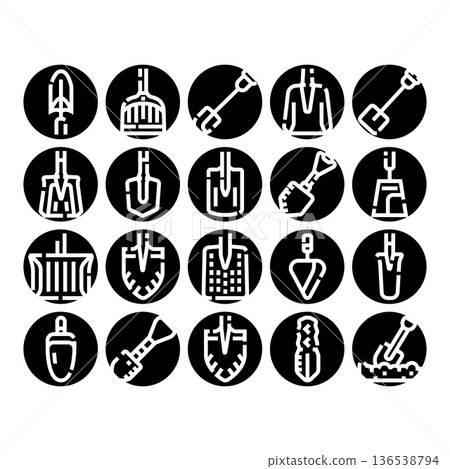 Shoveling and digging tools glyph icon set 136538794