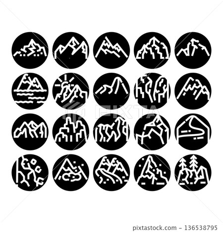 Mountain peaks line art icons set illustration Mountain peaks line art icons set illustration 136538795