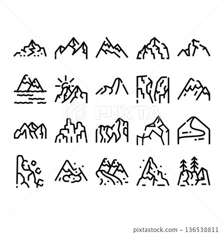 Mountain peaks line icons set presenting nature landscapes Mountain peaks line icons set presenting nature landscapes 136538811