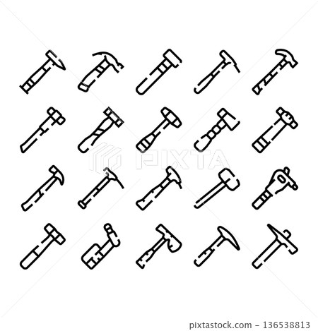 Collection of outline hammer tools icons set Collection of outline hammer tools icons set 136538813