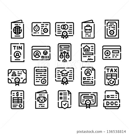 Various legal official documents and personal identification icons Various legal official documents and personal identification icons 136538814