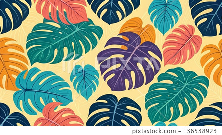 Seamless tropical monstera leaves neon pop color scheme background  136538923