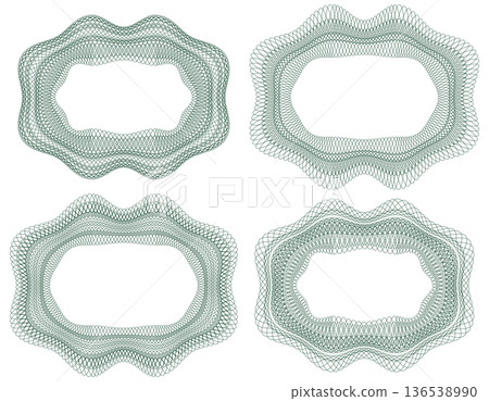 Frames. A set of guilloche elements. Watermark patterns. Isolated on white background. Frames. A set of guilloche elements. Watermark patterns. Isolated on white background. 136538990