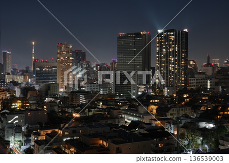 從高層建築俯瞰東京夜景，可以看到“扇貝樹”，這是由大樓窗戶燈光營造出的未來主義景觀。 136539003