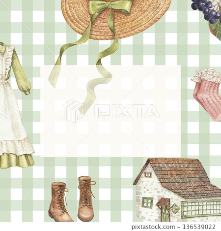 Watercolor Cottagecore Frame with Straw Hat, Vintage Dress, House, Leather Boots and Gingham Background 136539022
