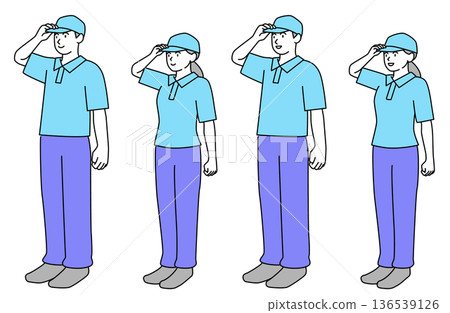 一組簡單的線條畫向量插圖,描繪了男女工人微笑地互相問候,全身側身像。 一組簡單的線條畫向量插圖,描繪了男女工人微笑地互相問候,全身側身像。 136539126