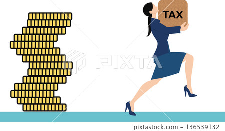 Illustration of a businesswoman burdened by heavy tax rates 136539132