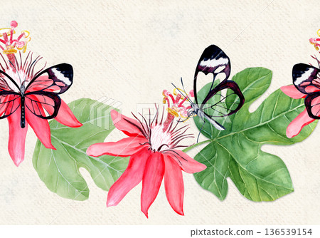 Glasswing butterfly, passionflower and leaves elegant watercolor seamless border on beige. Hand-painted art perfect for tropical decor, botanical card, eco branding, packaging, or wedding invitations. 136539154