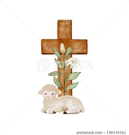 Lamb resting near wooden cross with lilies watercolor illustration on white. Easter clip art ideal for church materials, religious prints, faith-based design, and worship visuals.Soft natural tones Lamb resting near wooden cross with lilies watercolor illustration on white. Easter clip art ideal for church materials, religious prints, faith-based design, and worship visuals.Soft natural tones 136539161