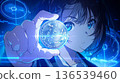 A virtual currency image of a beautiful anime girl holding a bitcoin in her hand and a futuristic digital background 136539460