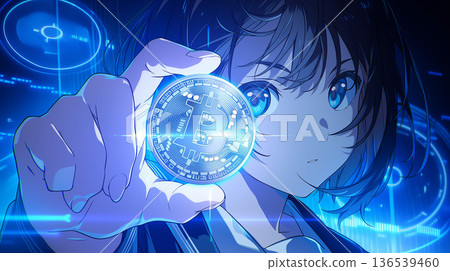 A virtual currency image of a beautiful anime girl holding a bitcoin in her hand and a futuristic digital background A virtual currency image of a beautiful anime girl holding a bitcoin in her hand and a futuristic digital background 136539460
