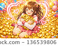 Illustration of a beautiful anime girl happy to embrace a gold coin and increase her luck and success 136539806