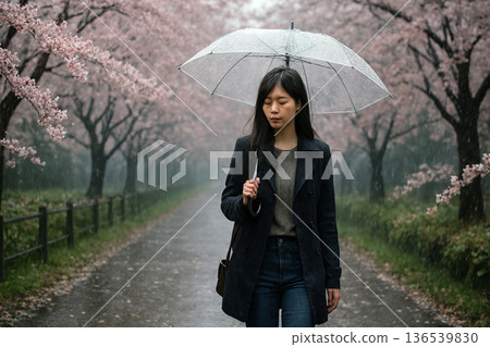 櫻花和一位撐傘的女子 136539830