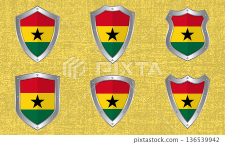 Set of metal shields with the Ghana flag Set of metal shields with the Ghana flag 136539942